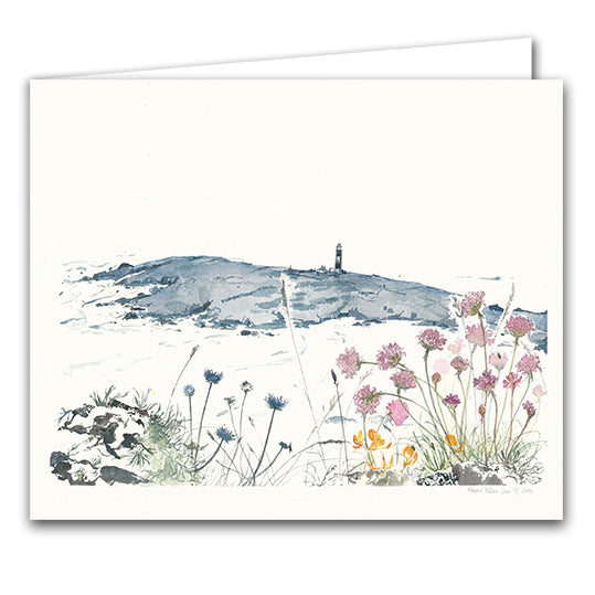 Bardsey Lighthouse and Thrift Flowers by Rachel Porter